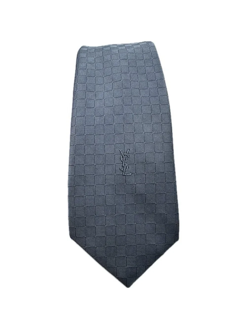 Yves Saint Laurent YSL Neck Tie Blue Logo Geometric Silk Italy W: 3.5” L: 56”